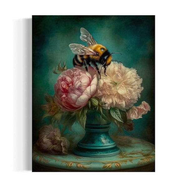 Bee and Pink Peonies Still Life | Vintage Aqua Vase With Pink Florals, Moody Bontanicals Aesthetic, Dark Academia Antique Oil Painting RA38