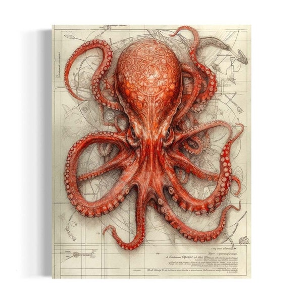 Octopus Wall Art | Red Octopus, Kraken Print, Sea Life, Nautical Wall Art, Ocean Creature, Dark Academia, Anatomy Specimen RA15