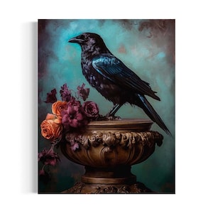 Black Raven and Moody Flowers Wall Art, Gothic Floral Still Life, Botanical Decor, Goth Aesthetic, Dark Academia Antique Oil Painting RA48