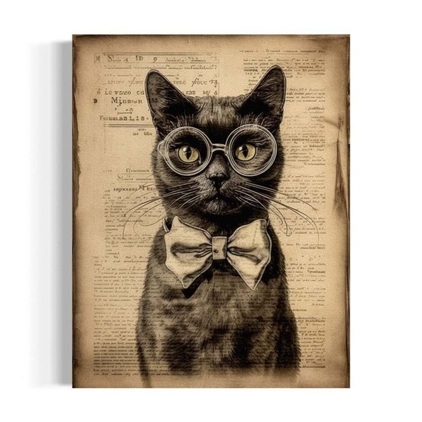 Gentleman Cat Art Print | Black Cat in Bow Tie and Round Glasses Wall Decor, Vintage Sketch, Animal Artwork, Dark Academia Gallery Wall RA35
