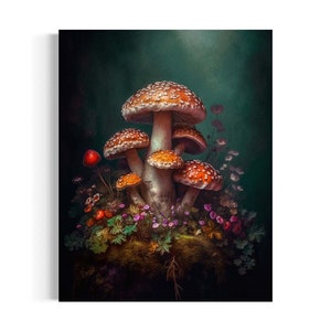 Vintage Mushroom Wall Art, Gothic Floral Still Life, Mushroom Decor, Moody Aesthetic, Botanical, Dark Academia Antique Oil Painting RA49
