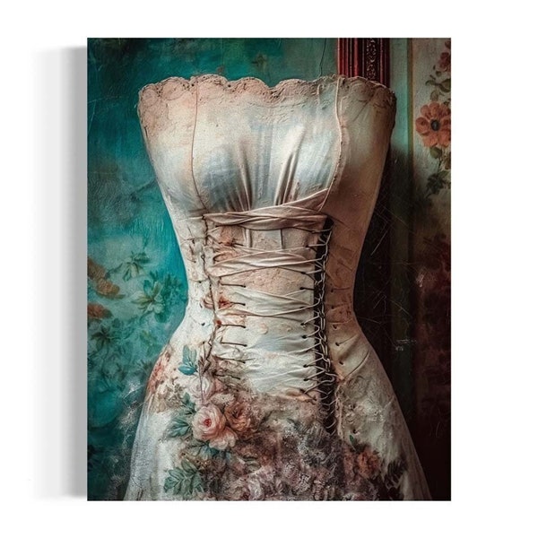 Moody Fashion Wall Art, Victorian Floral Corset, Turquoise and Pink Botanicals, Goth Aesthetic, Dark Academia Antique Oil Painting RA53