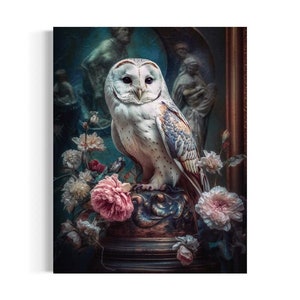 Vanitas Owl Still Life, Vintage Gothic Owl, Grey and Pink Moody Dark Aesthetic Artwork, Dark Academia Antique Oil Painting RA7
