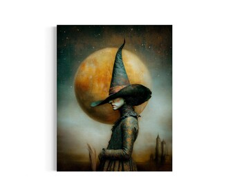 May include: A digital art print depicting a figure wearing a tall, pointed hat and a textured, patterned garment. The figure stands in profile against a large, glowing orange full moon in a dark, starry sky, with a faint silhouette of a castle.