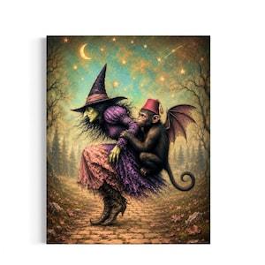 May include: A digital illustration depicting a green-skinned witch in a purple dress and pointed hat, carrying a winged monkey wearing a red fez. They are positioned on a stone path within a forest setting under a starry night sky with a crescent moon.