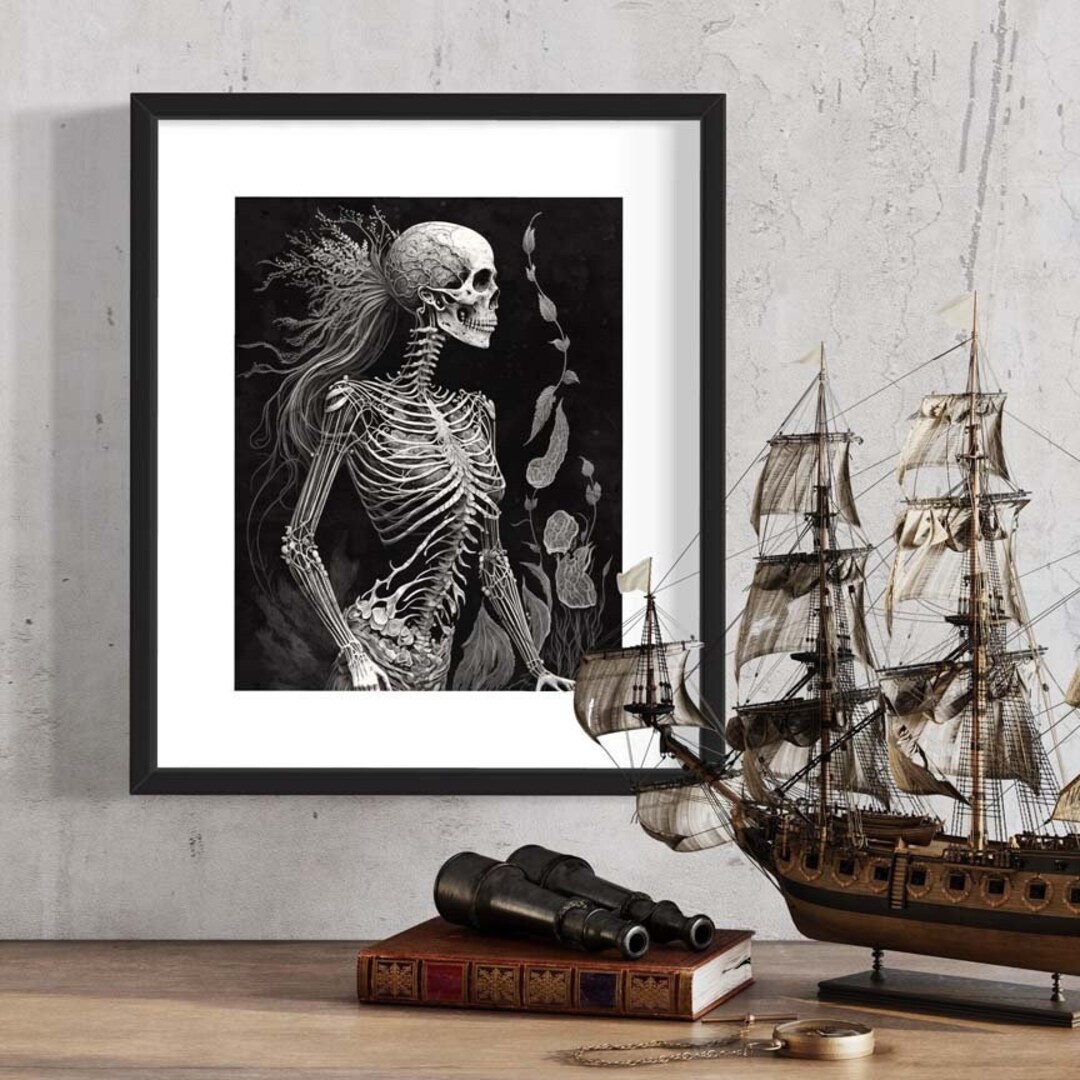 Skeleton Mermaid Print Skeleton Illustration, Mermaid Wall Decor, Moody