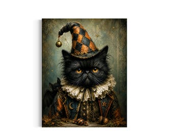 May include: A black cat wearing a jester hat with orange and black diamonds, a white ruffled collar, and a dark jacket with a crescent moon and star. A small black bat is visible on the left side, and the cat has bright orange eyes.