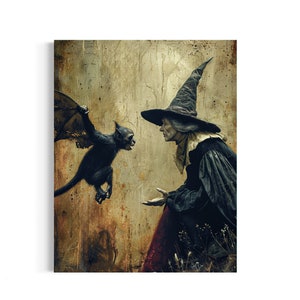 May include: A witch wearing a black pointed hat and a long black dress looks at a small black creature with wings. The creature is flying towards the witch. The background is a textured, faded brown.