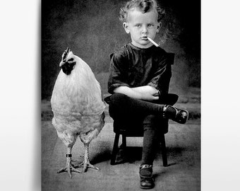 Smoking Boy with Chicken- Vintage Photo, Reprint, Monochrome, Sepia, Photograph & Poster