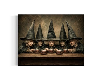 May include: Five individuals wearing tall, pointed black hats and dark, textured clothing sit in a row behind a wooden table. Each person holds a small, steaming ceramic cup and saucer. The scene is rendered in muted, earthy brown and gray tones.