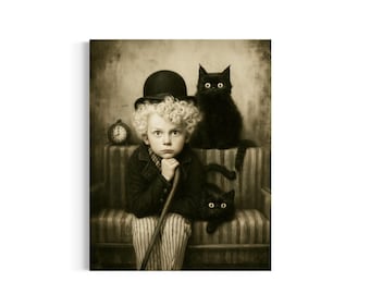 May include: A sepia-toned print featuring a curly-haired child wearing a black bowler hat and dark jacket, sitting on a striped sofa. Two black cats are positioned near the child, and a small analog clock is visible on the sofa backrest.