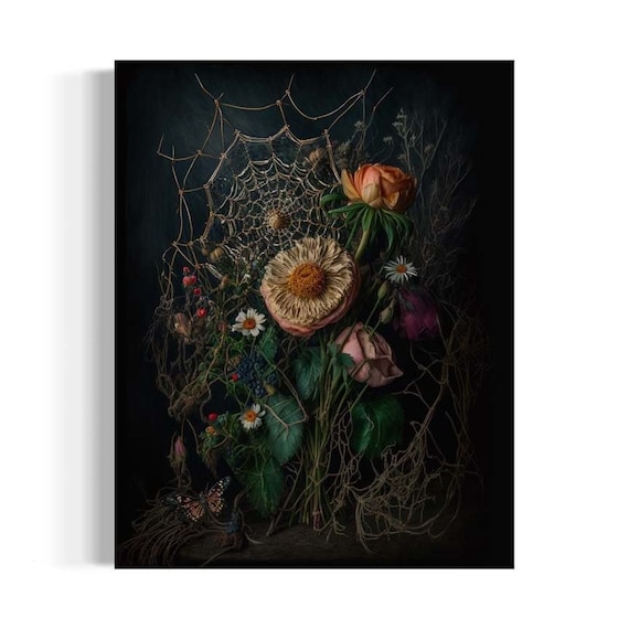 Gothic Floral Wall Art, Flowers and Spiderweb, Moody