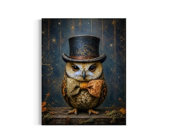 May include: A brown owl wearing a dark top hat and a textured gold bow tie. The owl has large orange eyes and is positioned against a dark blue background featuring faint gold star patterns and vertical lines, standing on a wooden surface.