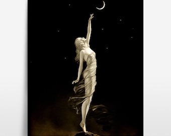 Moon Wall Art, Reaching for The Moon by Edward Mason Eggleston 1933 Crescent Shape Night Sky Fantasy Gothic Dark Academia Antique Painting