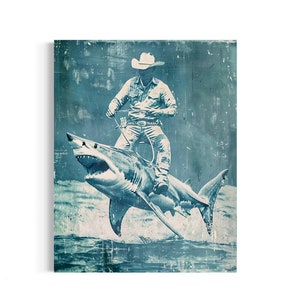 Coastal Cowboy Wall Decor | Shark Decor, Beach House, Ocean Nautical, Lowbrow Unusual Unique Poster, Funny Humor Strange Weird Odd 101RD