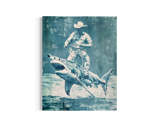 Coastal Cowboy Wall Decor | Shark Decor, Beach House, Ocean Nautical, Lowbrow Unusual Unique Poster, Funny Humor Strange Weird Odd 101RD