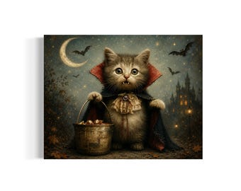 May include: A fluffy tabby kitten dressed as a vampire, wearing a dark cape with a red lining and a ruffled collar. The kitten holds a metal bucket filled with treats. The background features a crescent moon, flying bats, and a dark castle.