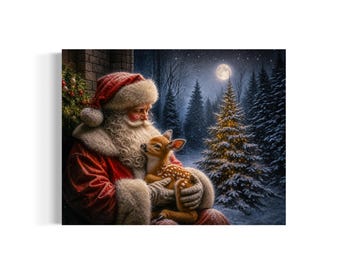 Christmas Holiday Antique Oil Painting, Vintage Santa Claus and Reindeer Print, Winter Wonderland Wall Decor, Rustic XMAS Farmhouse Art 56RD