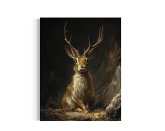 Op de afbeelding: Een digitale kunstdruk van een jackalope met bruine vacht en lange oren, voorzien van een gewei op de kop. Het wezen bevindt zich in een donkere, sfeervolle omgeving met rotsachtige texturen en diepe schaduwen rondom de vorm van het dier.