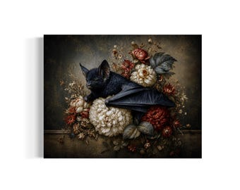May include: A black bat resting amidst a cluster of flowers, including large white and deep red blooms with green leaves. The scene features a dark, moody background with a horizontal ledge, creating a detailed composition of nature and wildlife.