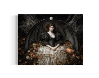 May include: A digital illustration of a figure with large dark bat-like wings, wearing a black bodice and a layered white lace skirt. The figure is surrounded by autumn leaves, pumpkins, and spiderwebs under a full moon in a dark night sky.
