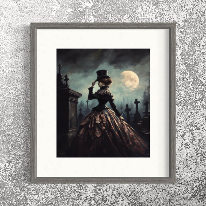 Gothic Victorian Woman Portrait, New Orleans Cemetery Full Moon, Moody Dark Oil Painting, Dark Academia, Witch Vampire Aesthetic 46RD image 3