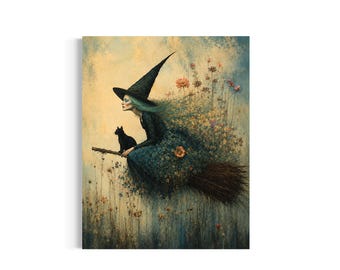 May include: A digital illustration of a figure wearing a tall black pointed hat and a dark dress, riding a broomstick through a field of wildflowers. A small black cat sits on the broomstick in front of the figure, against a soft yellow sky.