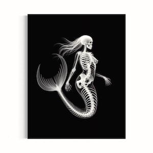 Skeleton Mermaid Print | Skeleton Illustration, Mermaid Wall Decor, Moody Art Decor, Dark Academia, Black Background, Goth Aesthetic  42RD