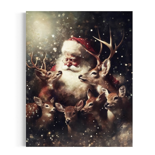 Vintage Santa Claus and Reindeer Print, Winter Wonderland Wall Decor, Holiday Antique Oil Painting, Rustic Farmhouse Santa Face Art 57RD