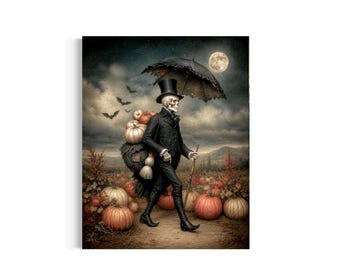 May include: A skeleton dressed in a black suit and top hat walks through a pumpkin patch under a full moon. The figure carries a large sack filled with pumpkins and holds a black umbrella and a wooden cane. Bats fly in the dark, cloudy sky.