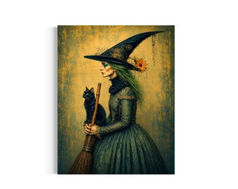 May include: A digital illustration of a figure wearing a tall, dark, pointed hat adorned with a sunflower, dressed in a long, textured, dark green gown. The figure holds a wooden broomstick, while a black cat sits perched upon the broom handle.