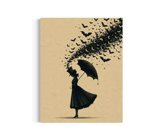 May include: A black ink illustration on tan paper depicting a silhouette of a person wearing a top hat and long dress, holding an open umbrella. A large swarm of bats emerges from the top hat, flowing upward and across the top of the frame.