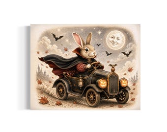May include: A digital illustration of a rabbit wearing a red patterned shirt and a black cape, driving a vintage black car with glowing orange pumpkin headlights. The scene includes a full moon with a face, flying bats, and falling autumn leaves.