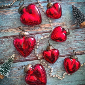 Red Mercury Glass Heart Ornament 7pc Valentine's Day Gift Set, Three Crackle 2 Inch Glass Hearts and Four Mini Mercury Glass Ornaments