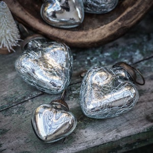 Medium Silver Mercury Glass Heart Ornament with Crackle Finish