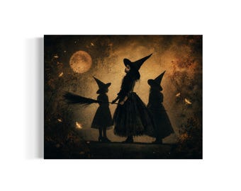 May include: Three figures in dark dresses and pointed hats stand in a silhouette against a golden, moonlit sky. The central figure holds a broomstick horizontally. The scene is filled with glowing, amber-colored fireflies in a dark, hazy atmosphere.