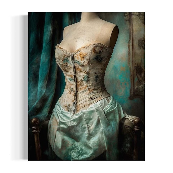 Moody Boudoir Wall Art, Victorian Floral Corset Dress, Turquoise Mannequin,  Goth Aesthetic, Dark Academia Antique Oil Painting RA54 