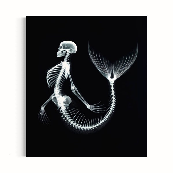 Skeleton Mermaid Print | Mermaid Wall Decor, Skeleton Illustration, Moody Art Decor, Dark Academia, Black Background, Goth Aesthetic 43RD