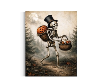 May include: A skeleton wearing a black top hat walks through a forest path. It carries a large woven basket on its back containing a carved orange jack-o'-lantern and holds a smaller woven basket filled with small skulls in its hand.