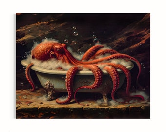 Octopus in the Bathtub Oil Painting, Nautical Bathroom Wall Art, Animal in Bathtub, Red Kraken Art, Ocean Creature, Dark Academia 47RD