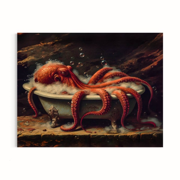 Pulpo en la pintura al óleo de la bañera, arte de la pared del baño náutico, animal en la bañera, arte Kraken rojo, criatura del océano, Academia Oscura 47RD