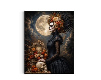 May include: A digital art print featuring a figure in a black lace dress with a skull-painted face, wearing a crown of orange and yellow flowers and black feathers. A large full moon shines in a cloudy sky above a floral arrangement and a skull.