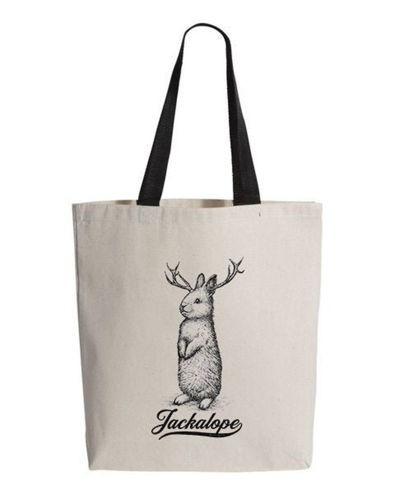Mythical Creature Canvas Tote with Black Handles Jackalope Folklore