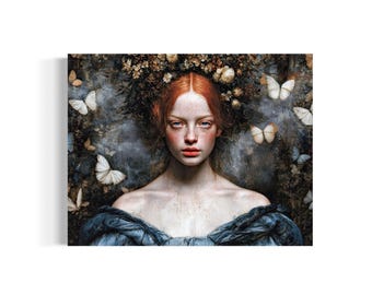 May include: A portrait of a person with ginger hair and pale skin wearing a blue off-the-shoulder garment. The background features a dark, textured floral arrangement and several white butterflies surrounding the head and shoulders.