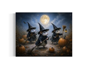 May include: Three white mice dressed in black witch hats and dark cloaks stand in a field with orange pumpkins under a full moon. Each mouse holds a wooden broom, and one carries a small glowing lantern. The scene is set at night with clouds.
