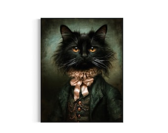May include: A portrait of a black cat with amber eyes wearing a dark green jacket, a patterned vest with gold buttons, and a light-colored ruffled cravat with a bow. The cat has long whiskers and a textured, dark, moody background behind it.