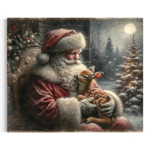 Christmas Holiday Antique Oil Painting, Vintage Santa Claus and Reindeer Print, Winter Wonderland Wall Decor, Rustic XMAS Farmhouse Art 56RD