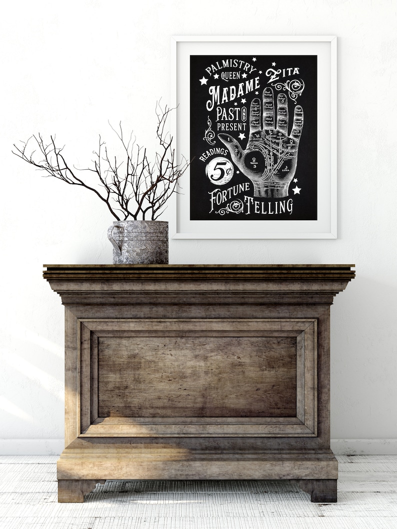 Puede incluir: Una ilustraci&oacute;n en blanco y negro de una mano con l&iacute;neas y s&iacute;mbolos, que representa una lectura de quiromancia. El texto dice "Palmistry Queen Zita Madame Past Present Readings 5&cent; Fortune Telling". La ilustraci&oacute;n est&aacute; enmarcada en un marco blanco y se muestra en un estante de madera.