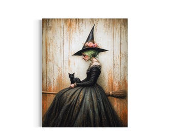 May include: A digital art print featuring a figure in a long black dress and a pointed hat adorned with pink and orange flowers. The figure has green hair and holds a small black cat while sitting on a wooden broomstick against a textured wall.