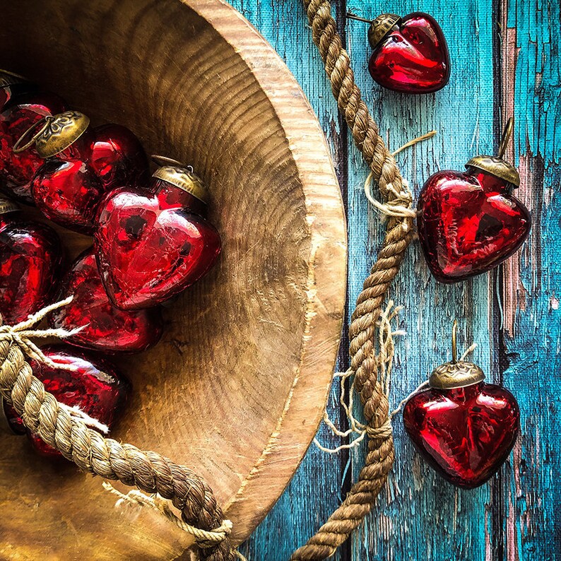 Medium Red Mercury Glass Heart Ornaments with Crackle Finish | Etsy
